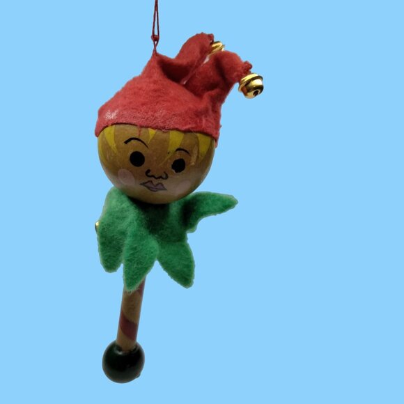 Jester Christmas Ornament Elf clown Baton Wood Grannycore - Picture 3 of 6